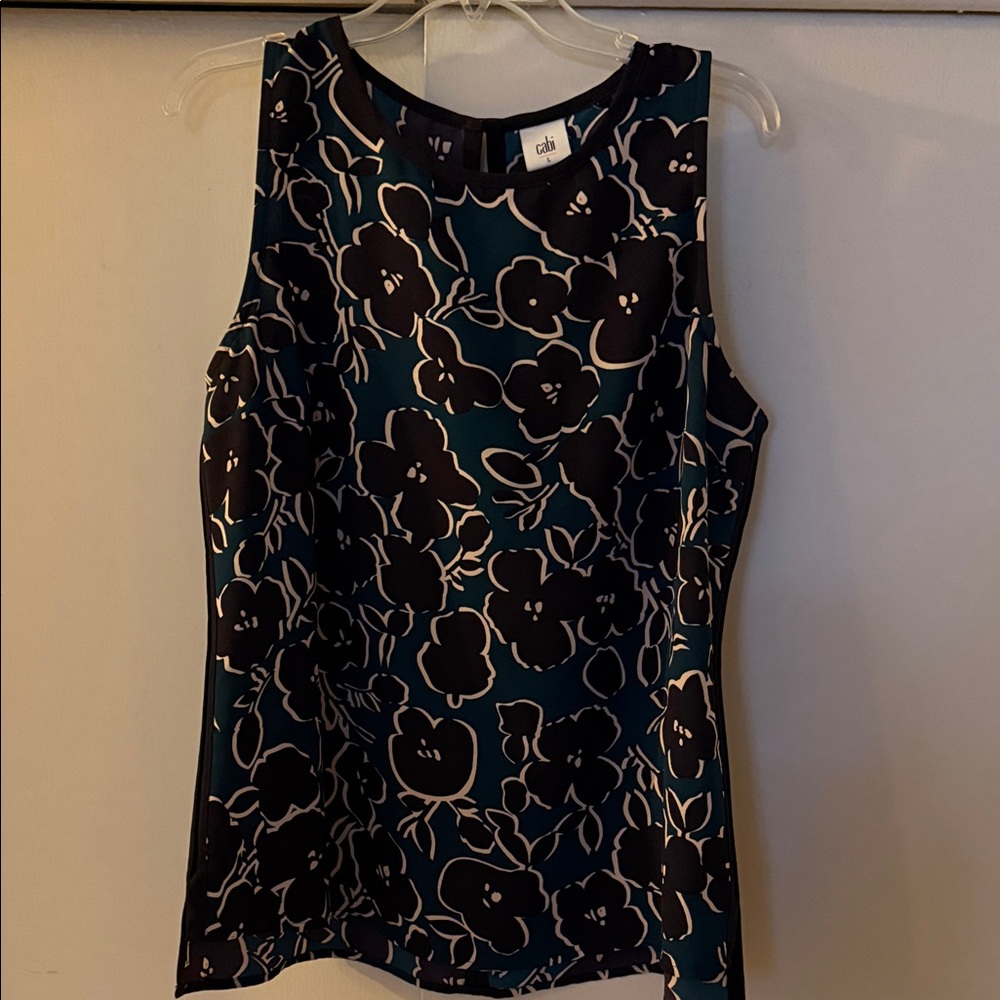 SOLD CAbi Black and White Floral Sleeveless Blouse